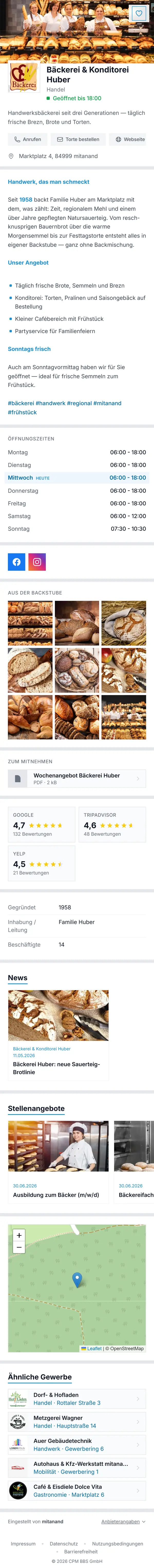 Seite der Bäckerei Huber in der mitanand App