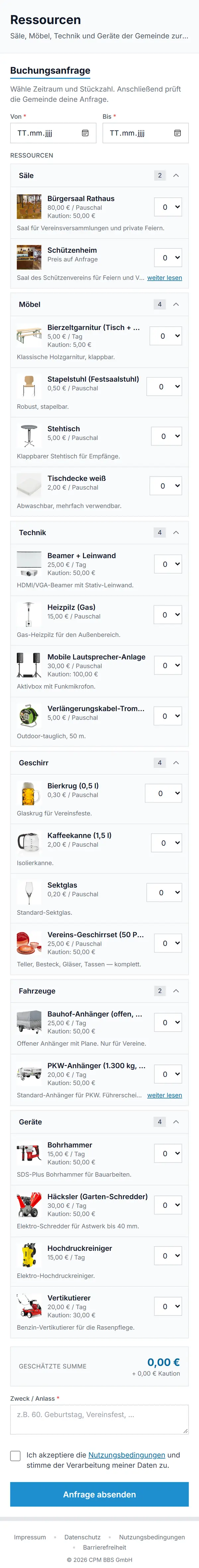 Buchungsanfrage für Säle, Möbel, Technik und Geschirr in der mitanand App